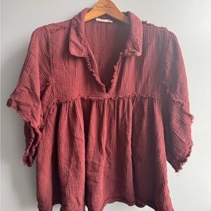 Lightweight Gauze Peplum Top - Rust Red 100% Cotton